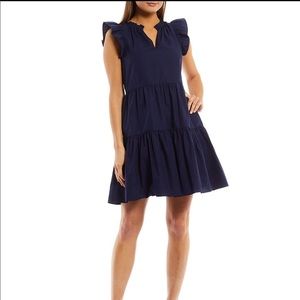 A Loves A Split V-Neck Cap Sleeve Tiered Ruffle Poplin Babydoll Mini Dress
